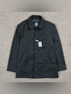 NWT Fratello Black Wool Blend Single Breasted Pea Coat Mens Large Short Overcoat